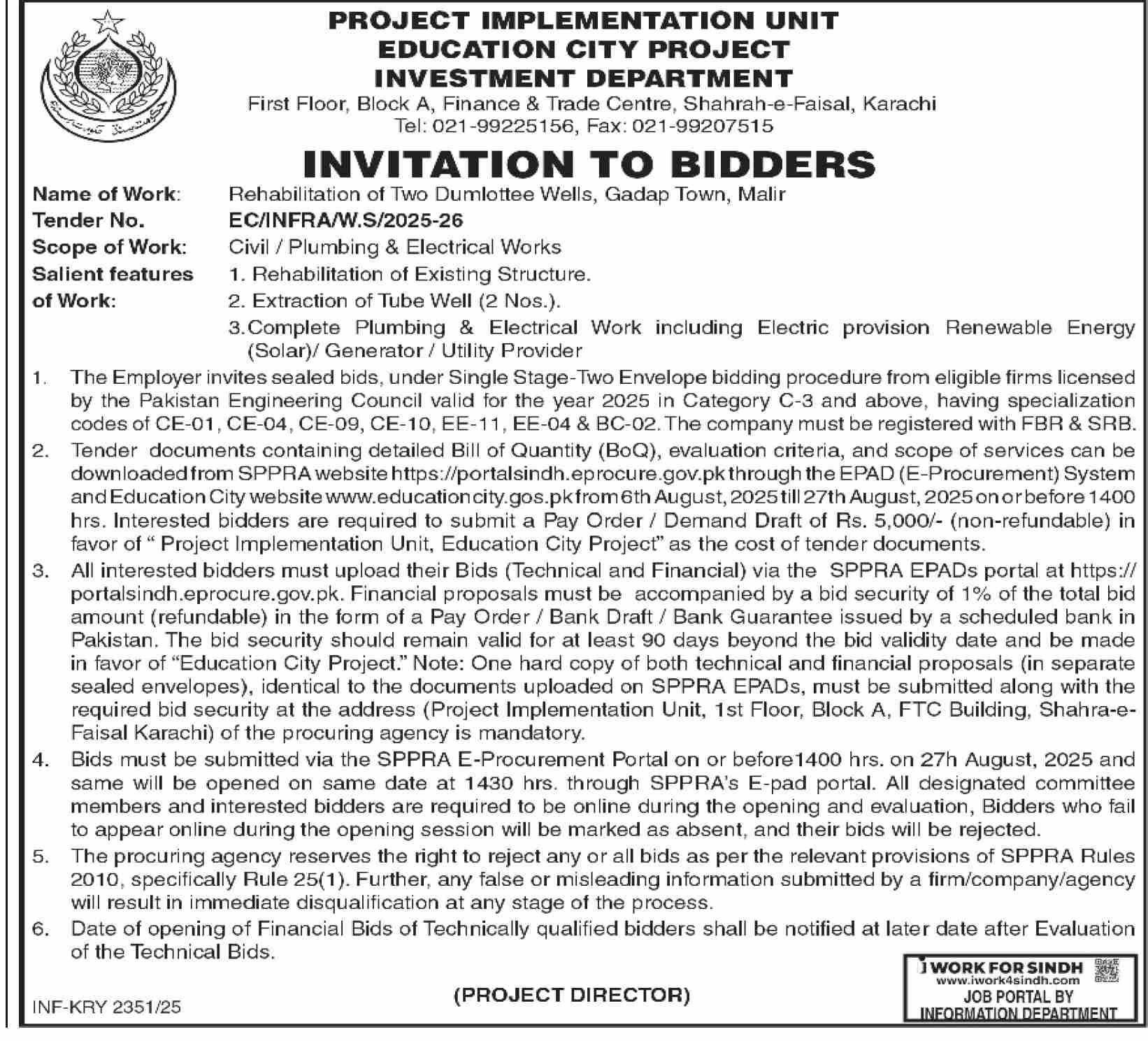 Investment Department Karachi Tender Notice